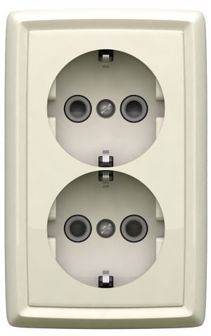 Розетка двухместная открытой установки, с заземлением и защитными шторками, серия REONE, цвет белый