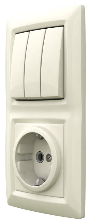 Блок ЭУУ, выключатель трехклавишный + розетка с заземлением, скрытой установки,  серия REONE, цвет белый
