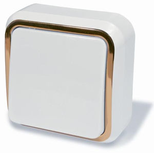 Выключатель одноклавишный открытой установки, серия Москвичка, цвет белый с рамкой под золото