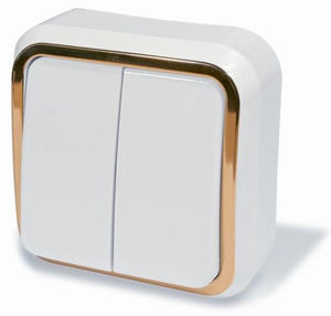 Выключатель двухклавишный открытой установки, серия Москвичка, цвет белый с рамкой под золото