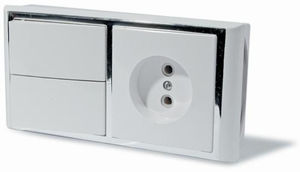 Блок ЭУУ выключатель двухклавишный + розетка, серия Модерн, цвет белый с рамкой под серебро