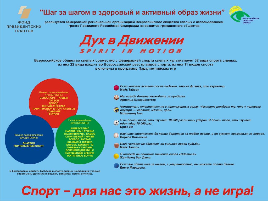 Афиша социального проекта Кемеровской РО ВОС «Шаг за шагом в здоровый и активный образ жизни»