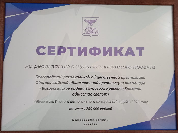 Сертификат на 750000 рублей на реализацию социального проекта Белгородской РО ВОС
