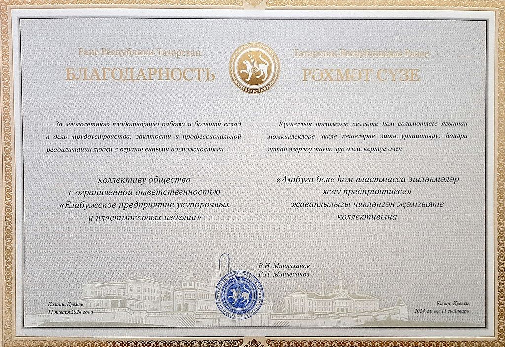 «Благодарность Раиса Республики Татарстан» Р. Н. Минниханова за многолетний плодотворный труд и большой вклад в дело трудоустройства, занятости и профессиональной реабилитации людей с ограниченными возможностями