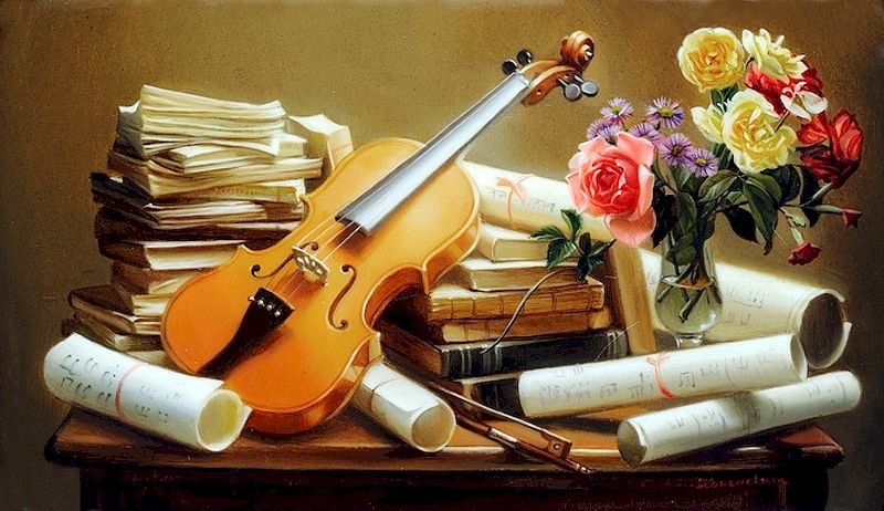 на столе стоит ваза с цветами, лежат книги и свитки, скрипка со смычком