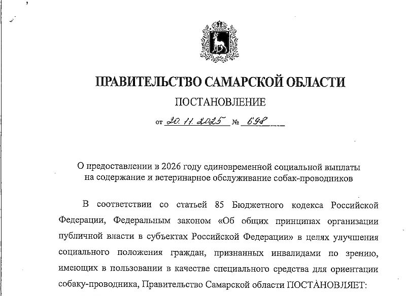 В Самарской области ввели дополнительные меры социальной поддержки на содержание и ветеринарное обслуживание собак-проводников